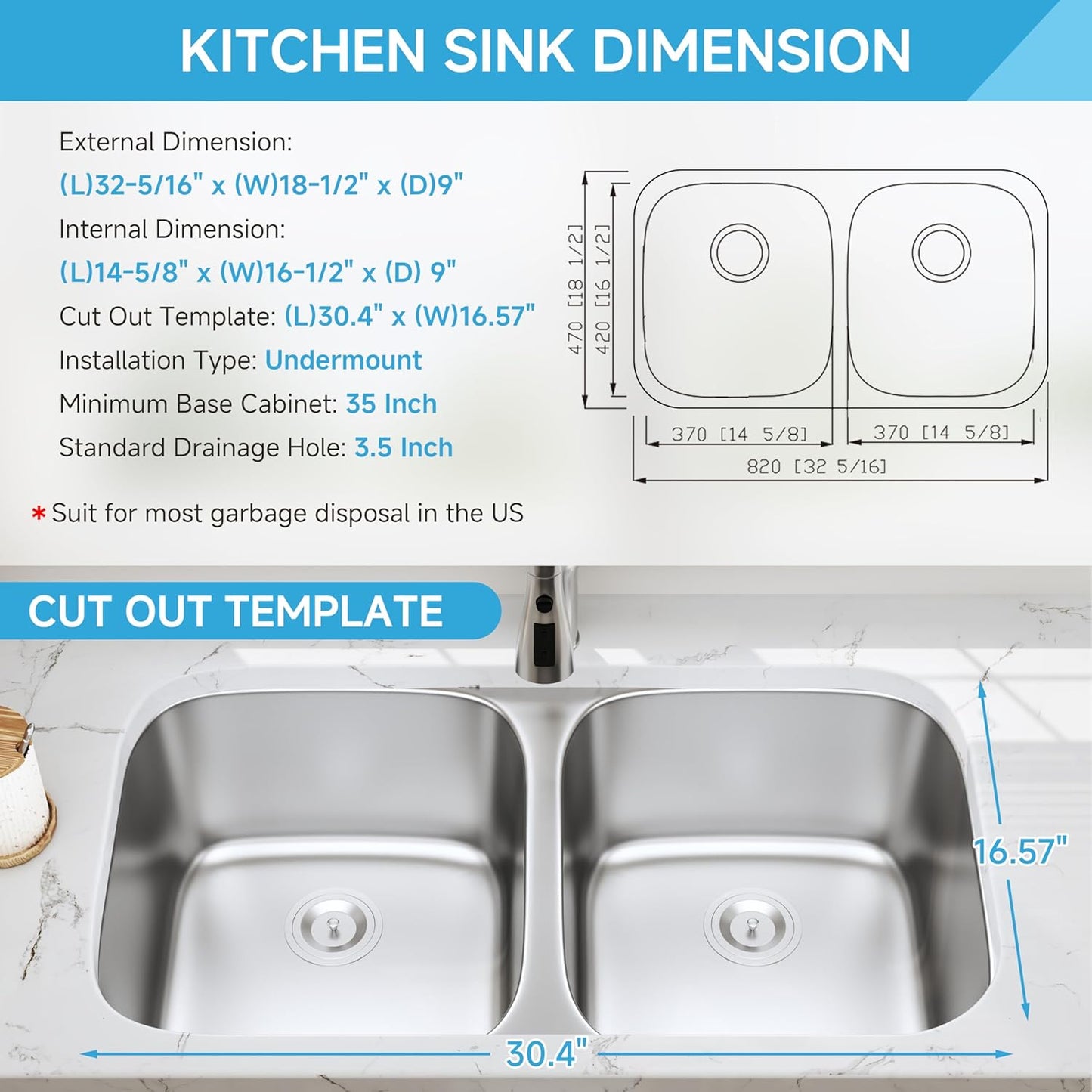 32 Inch Undermount 50/50 Double Bowl Kitchen Sink 18 Gauge Stainless Steel round Corner Curved Shape Deep Sinks with Basket Strainer 32" X 18" X 9"