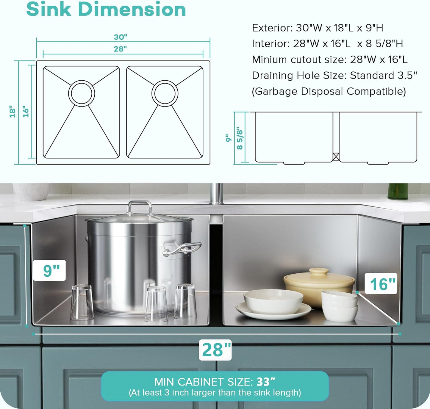 30 Inch Undermount Double Sink,16-Gauge T304 Stainless Steel Kitchen Sink 30'' X 18'',50/50 Double Bowl Kitchen Sinks Undermount with Accessories,9 Inch Deep Sinks with Brushed Finish