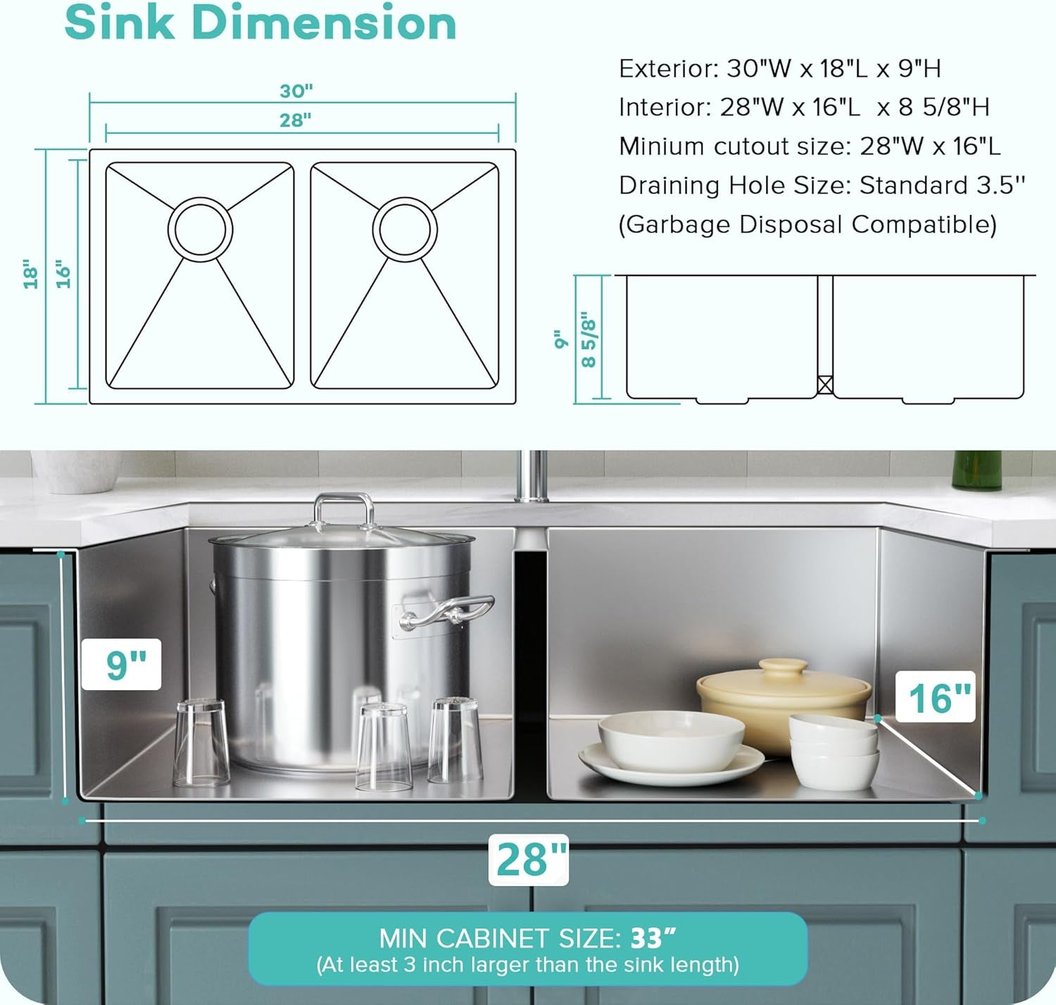 30 Inch Undermount Double Sink,16-Gauge T304 Stainless Steel Kitchen Sink 30'' X 18'',50/50 Double Bowl Kitchen Sinks Undermount with Accessories,9 Inch Deep Sinks with Brushed Finish