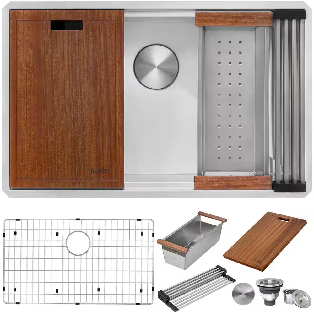 Roma 32 In. Undermount Single Bowl 16-Gauge Stainless Steel Workstation Kitchen Sink with Accessories