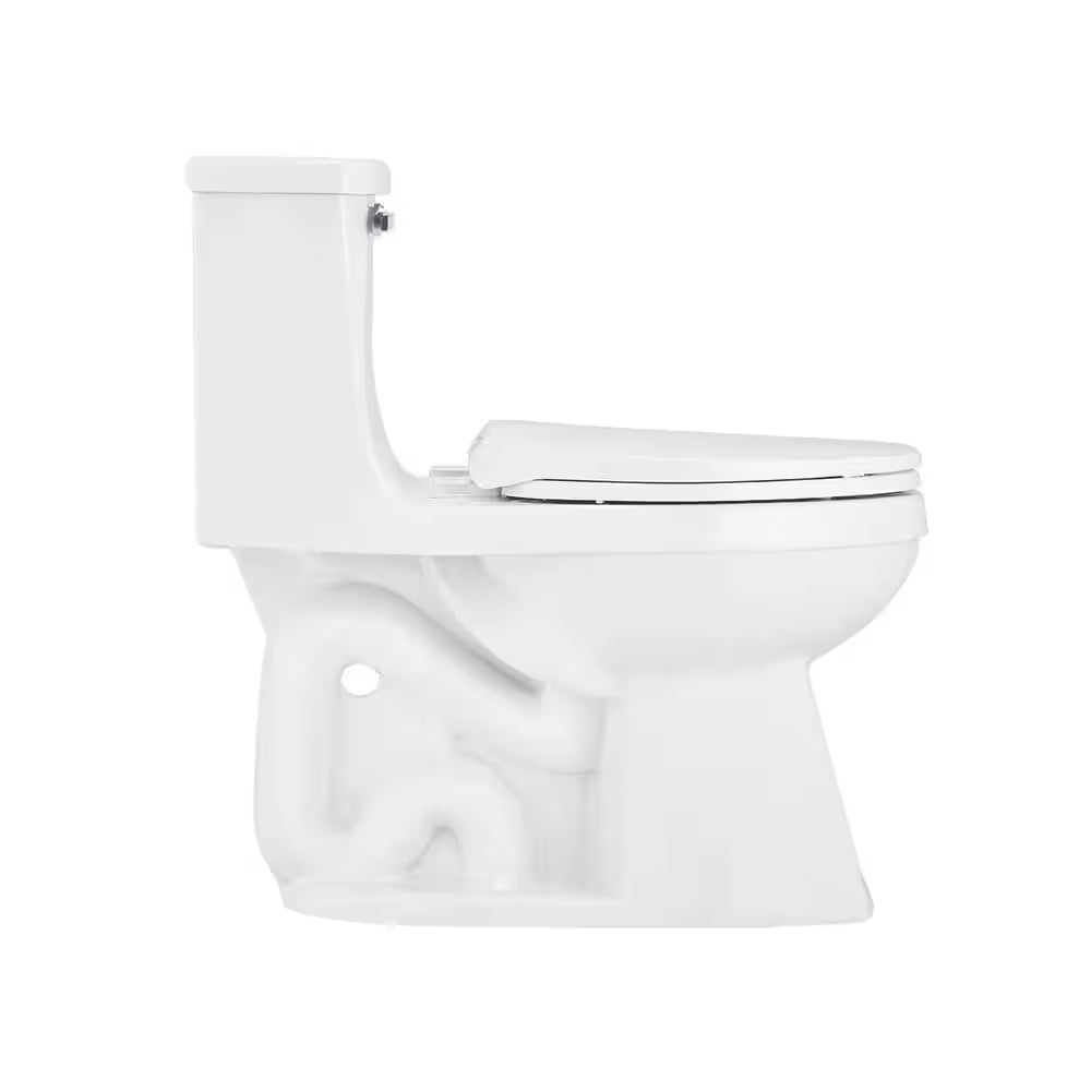 Power Flush 12 Inch Rough in One-Piece 1.28 GPF Single Flush Elongated Toilet in White Seat Included