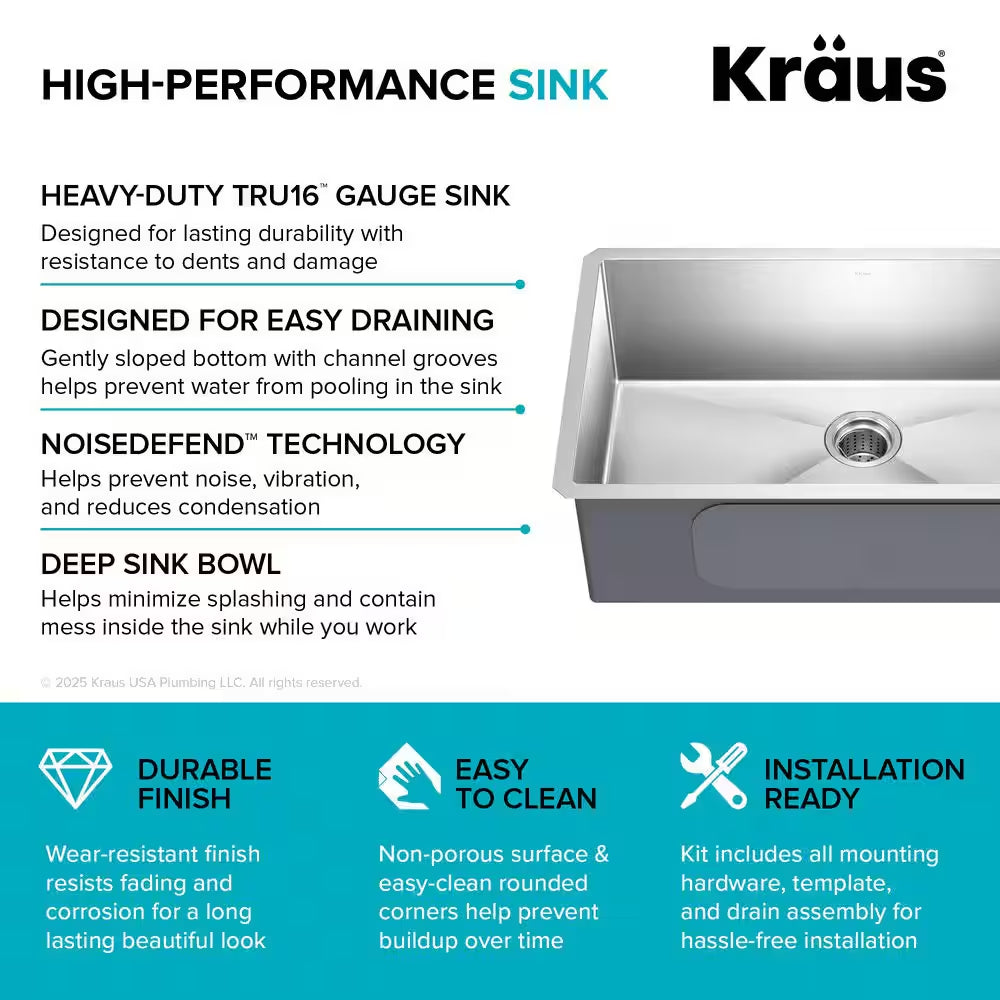 Standart PRO 32 In. Undermount Single Bowl 16 Gauge Stainless Steel Kitchen Sink with Accessories