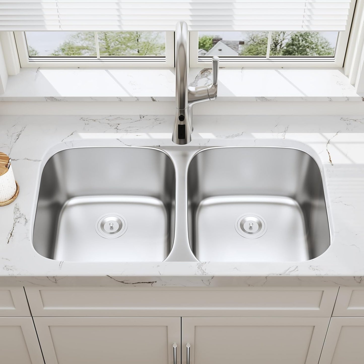 32 Inch Undermount 50/50 Double Bowl Kitchen Sink 18 Gauge Stainless Steel round Corner Curved Shape Deep Sinks with Basket Strainer 32" X 18" X 9"