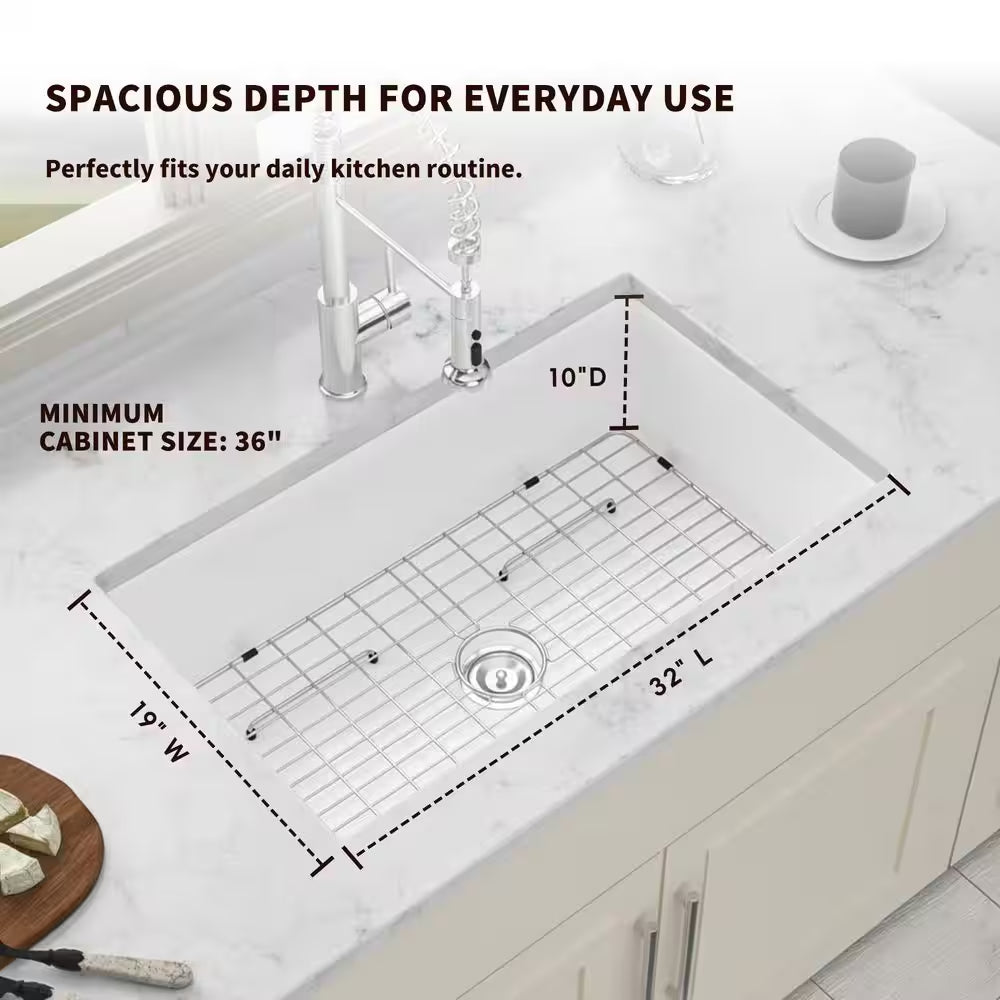 32 In. Undermount/Top Mount Single Bowl Ceramic Rectangular Kitchen Sink Basin