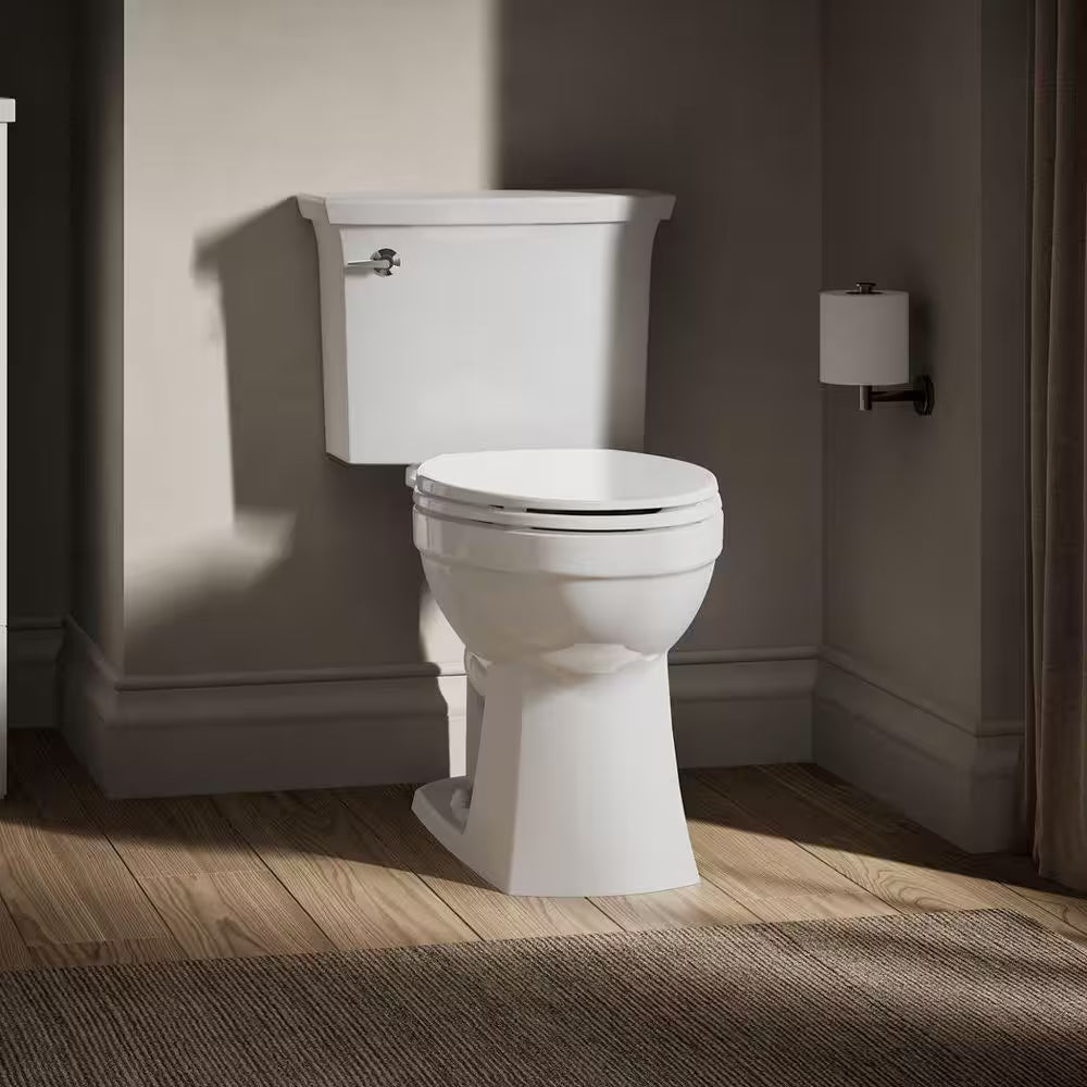Elmbrook 12 In. Rough in 2-Piece 1.28 GFP Single Flush Elongated Chair Height Toilet in White with Soft Close Seat