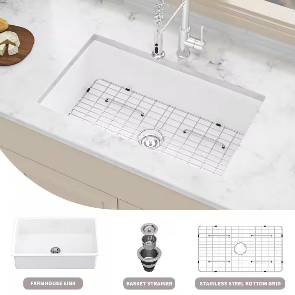 32 In. Undermount/Top Mount Single Bowl Ceramic Rectangular Kitchen Sink Basin