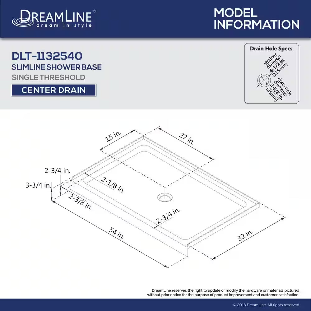 Slimline Single Threshold Alcove Shower Pan Base in White with Center Drain