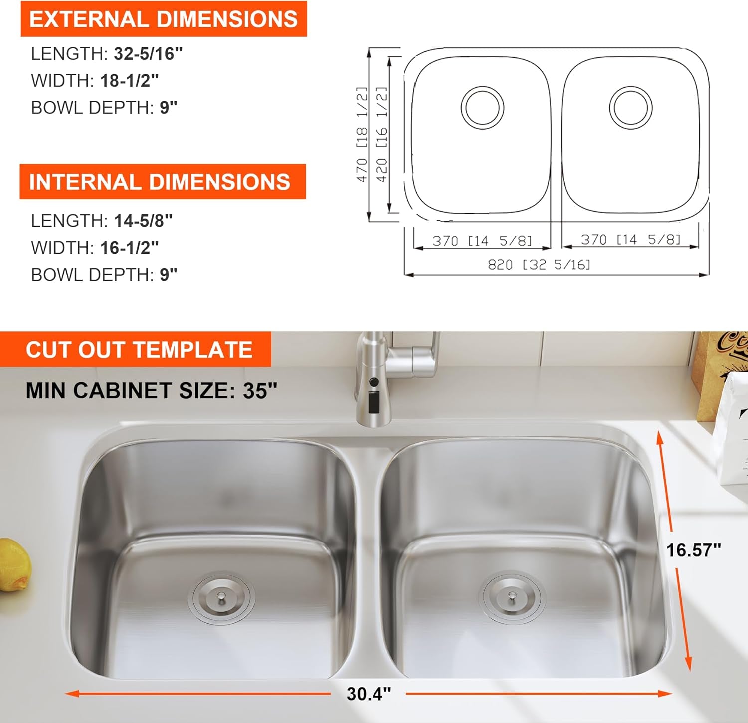 32 Inch Undermount Double Bowl Kitchen Sink 50/50 Stainless Steel 18 Gauge Commercial Grade Satin Finish Sinks 32" X 18" X 9"
