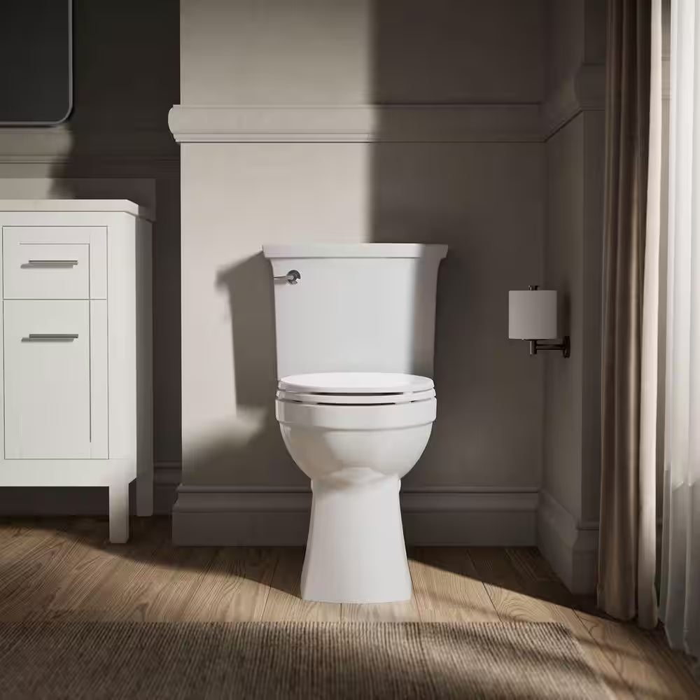 Elmbrook 12 In. Rough in 2-Piece 1.28 GFP Single Flush Elongated Chair Height Toilet in White with Soft Close Seat
