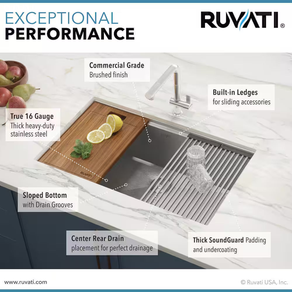 Roma 32 In. Undermount Single Bowl 16-Gauge Stainless Steel Workstation Kitchen Sink with Accessories