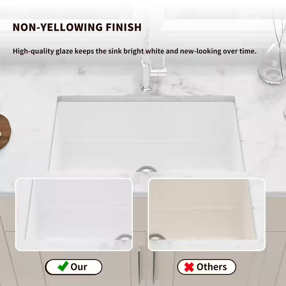 32 In. Undermount/Top Mount Single Bowl Ceramic Rectangular Kitchen Sink Basin