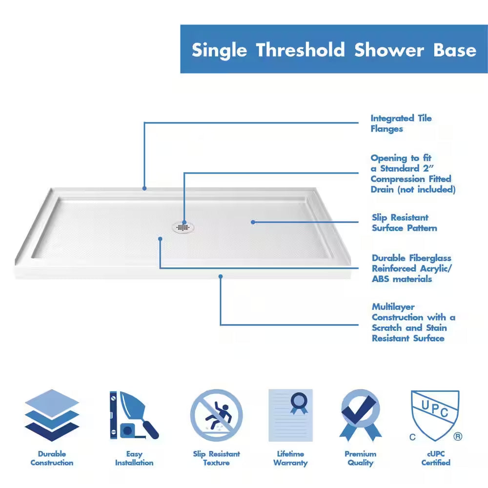 Slimline Single Threshold Alcove Shower Pan Base in White with Center Drain