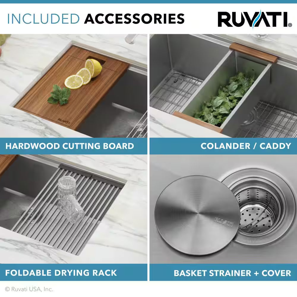 Roma 32 In. Undermount Single Bowl 16-Gauge Stainless Steel Workstation Kitchen Sink with Accessories