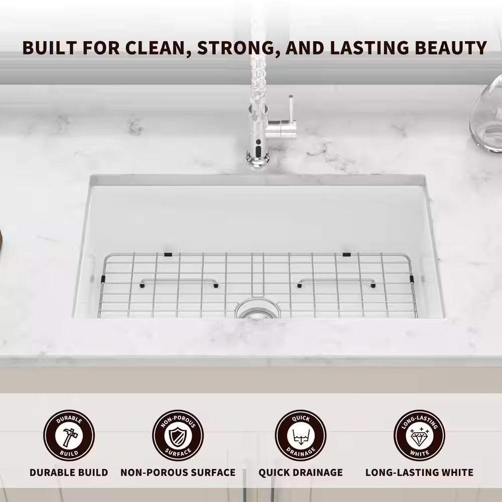 32 In. Undermount/Top Mount Single Bowl Ceramic Rectangular Kitchen Sink Basin