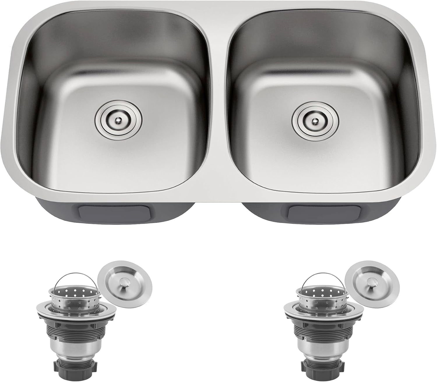 32 Inch Undermount 50/50 Double Bowl Kitchen Sink 18 Gauge Stainless Steel round Corner Curved Shape Deep Sinks with Basket Strainer 32" X 18" X 9"