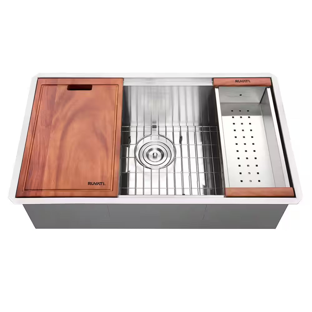 Roma 32 In. Undermount Single Bowl 16-Gauge Stainless Steel Workstation Kitchen Sink with Accessories