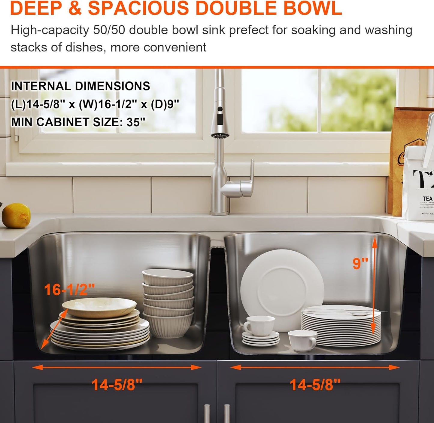 32 Inch Undermount Double Bowl Kitchen Sink 50/50 Stainless Steel 18 Gauge Commercial Grade Satin Finish Sinks 32" X 18" X 9"