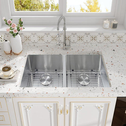 30 Inch Undermount Double Sink,16-Gauge T304 Stainless Steel Kitchen Sink 30'' X 18'',50/50 Double Bowl Kitchen Sinks Undermount with Accessories,9 Inch Deep Sinks with Brushed Finish