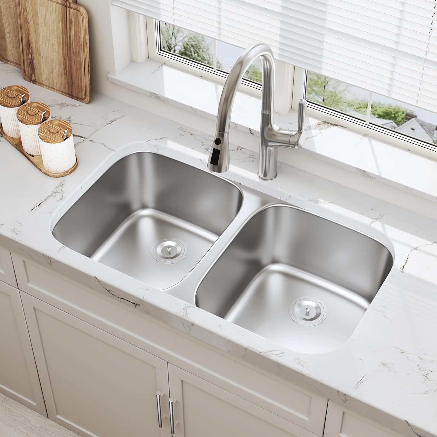 32 Inch Undermount 50/50 Double Bowl Kitchen Sink 18 Gauge Stainless Steel round Corner Curved Shape Deep Sinks with Basket Strainer 32" X 18" X 9"