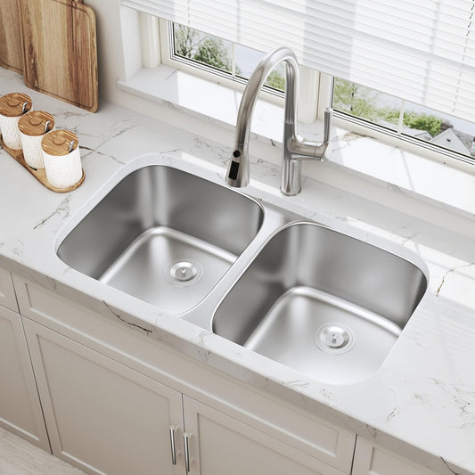 32 Inch Undermount 50/50 Double Bowl Kitchen Sink 18 Gauge Stainless Steel round Corner Curved Shape Deep Sinks with Basket Strainer 32" X 18" X 9"
