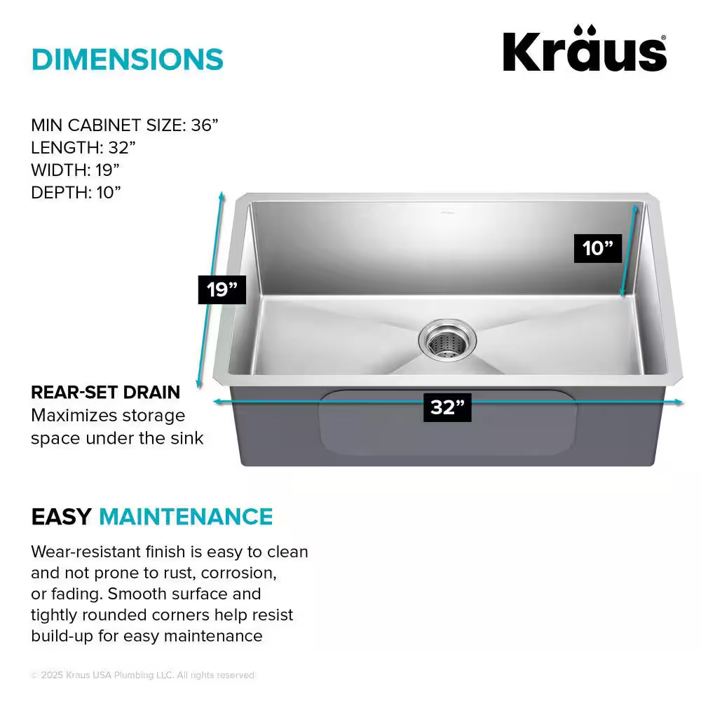 Standart PRO 32 In. Undermount Single Bowl 16 Gauge Stainless Steel Kitchen Sink with Accessories