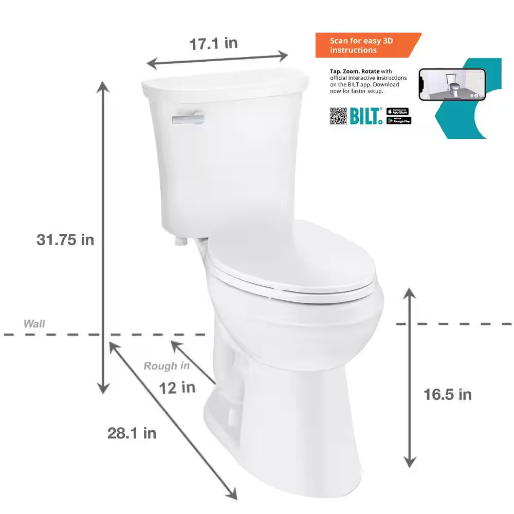 Power Flush 12 Inch Rough in Two-Piece 1.28 GPF Single Flush Elongated Toilet in White Seat Included