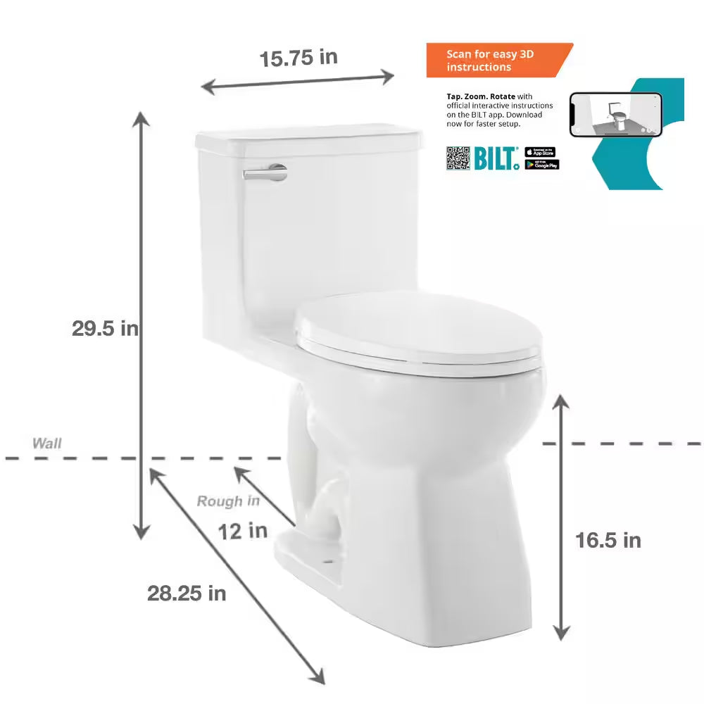 Power Flush 12 Inch Rough in One-Piece 1.28 GPF Single Flush Elongated Toilet in White Seat Included