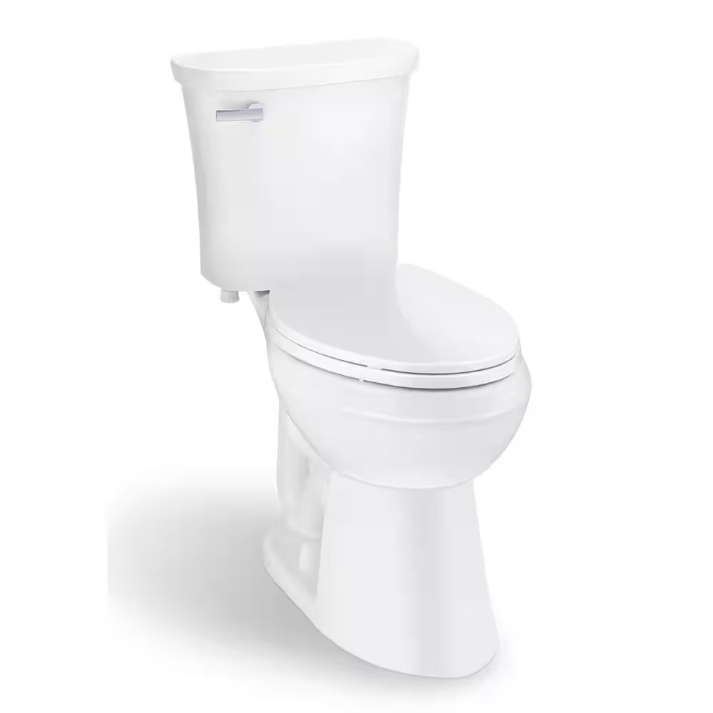 Power Flush 12 Inch Rough in Two-Piece 1.28 GPF Single Flush Elongated Toilet in White Seat Included