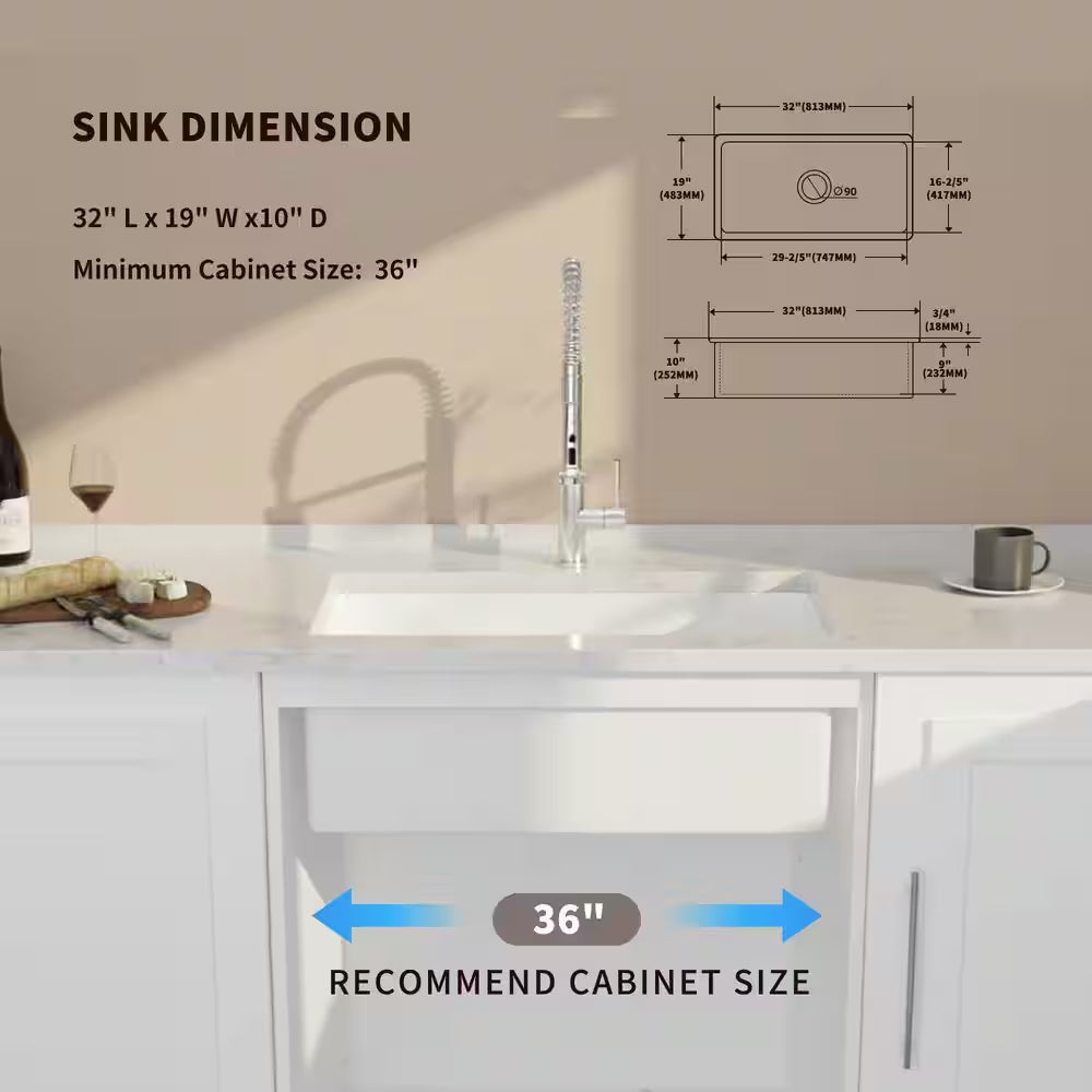 32 In. Undermount/Top Mount Single Bowl Ceramic Rectangular Kitchen Sink Basin