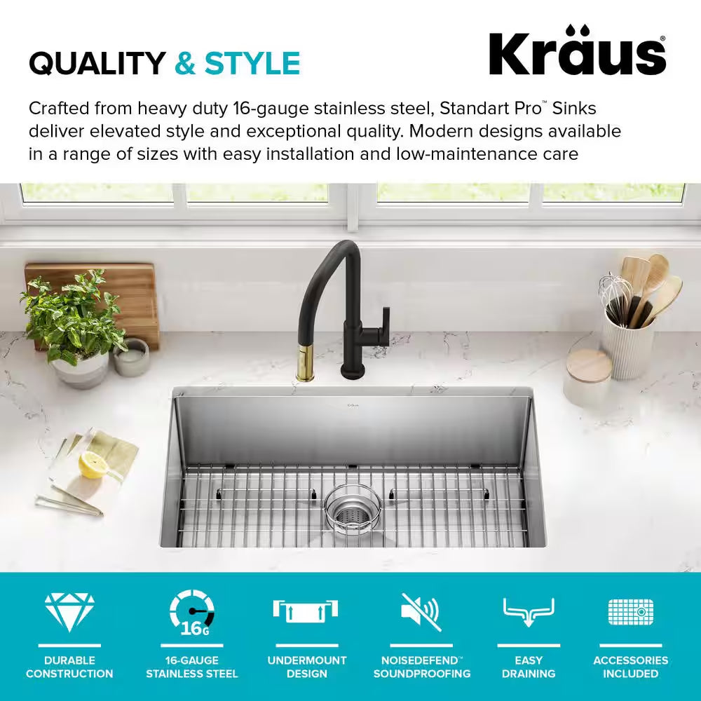 Standart PRO 32 In. Undermount Single Bowl 16 Gauge Stainless Steel Kitchen Sink with Accessories
